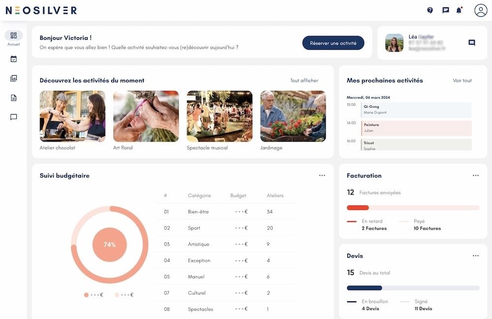 Vue tableau de bord de la plateforme